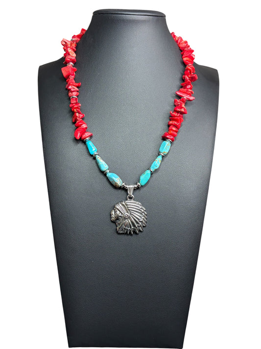 Coral & Turquoise Chief Head Necklace (stainless)