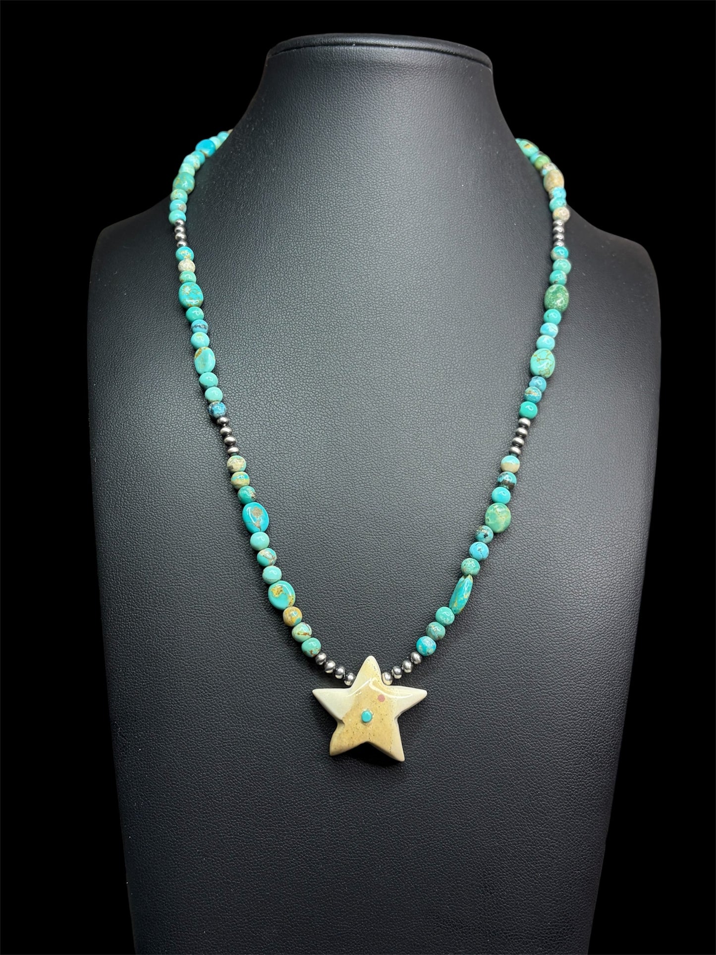 Zuni Carved Star Fetish & Kingman Turquoise Necklace with Sterling Pearls