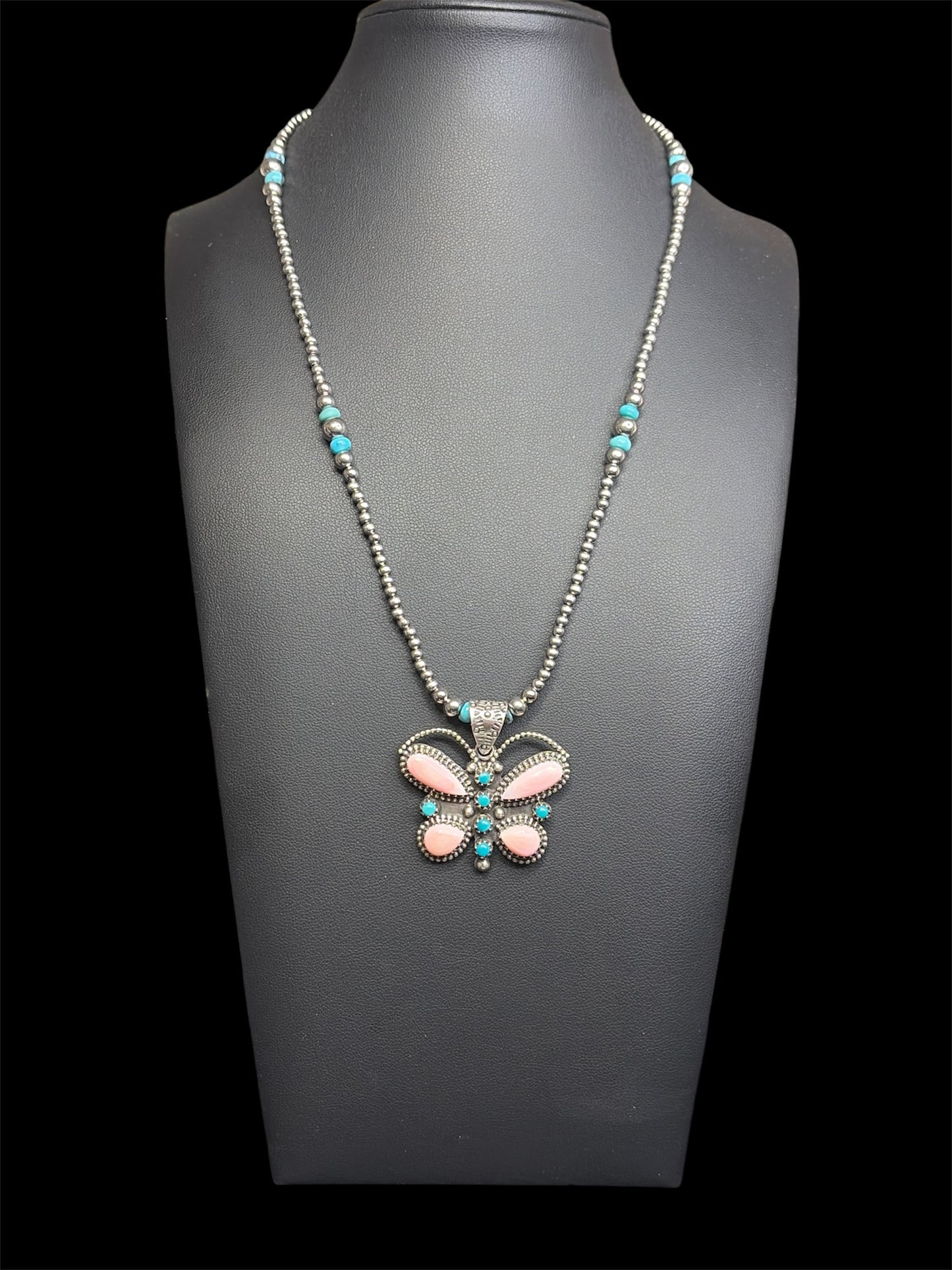 Handcrafted Pink Conch & Kingman Turquoise Butterfly Pendant