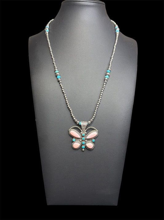 Handcrafted Pink Conch & Kingman Turquoise Butterfly Pendant