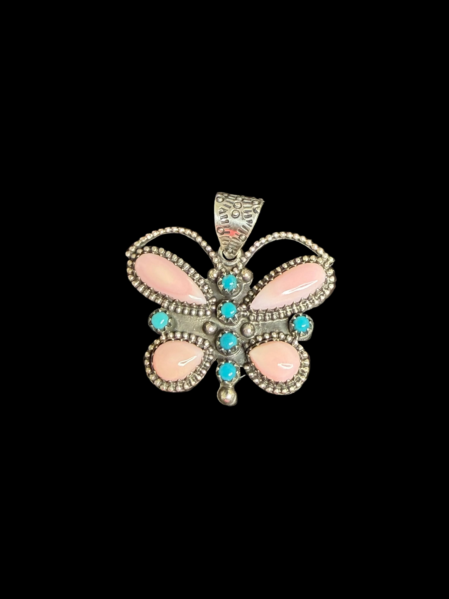 Handcrafted Pink Conch & Kingman Turquoise Butterfly Pendant