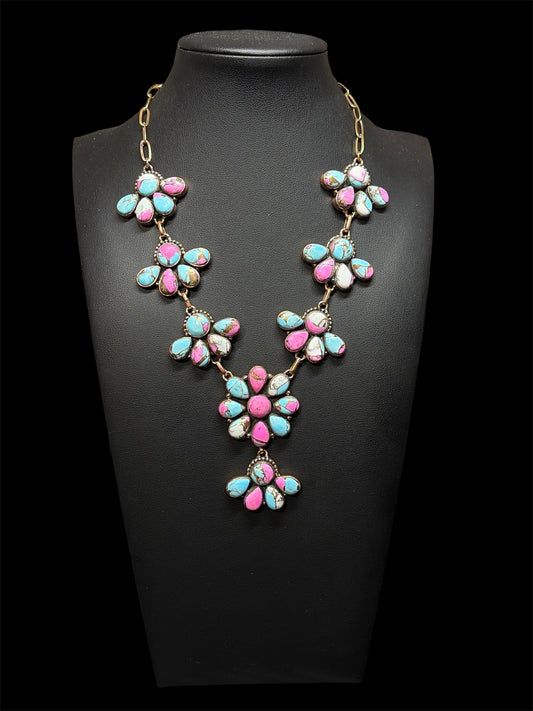 Cotton Candy Dahlia & Copper Statement Lariat Necklace