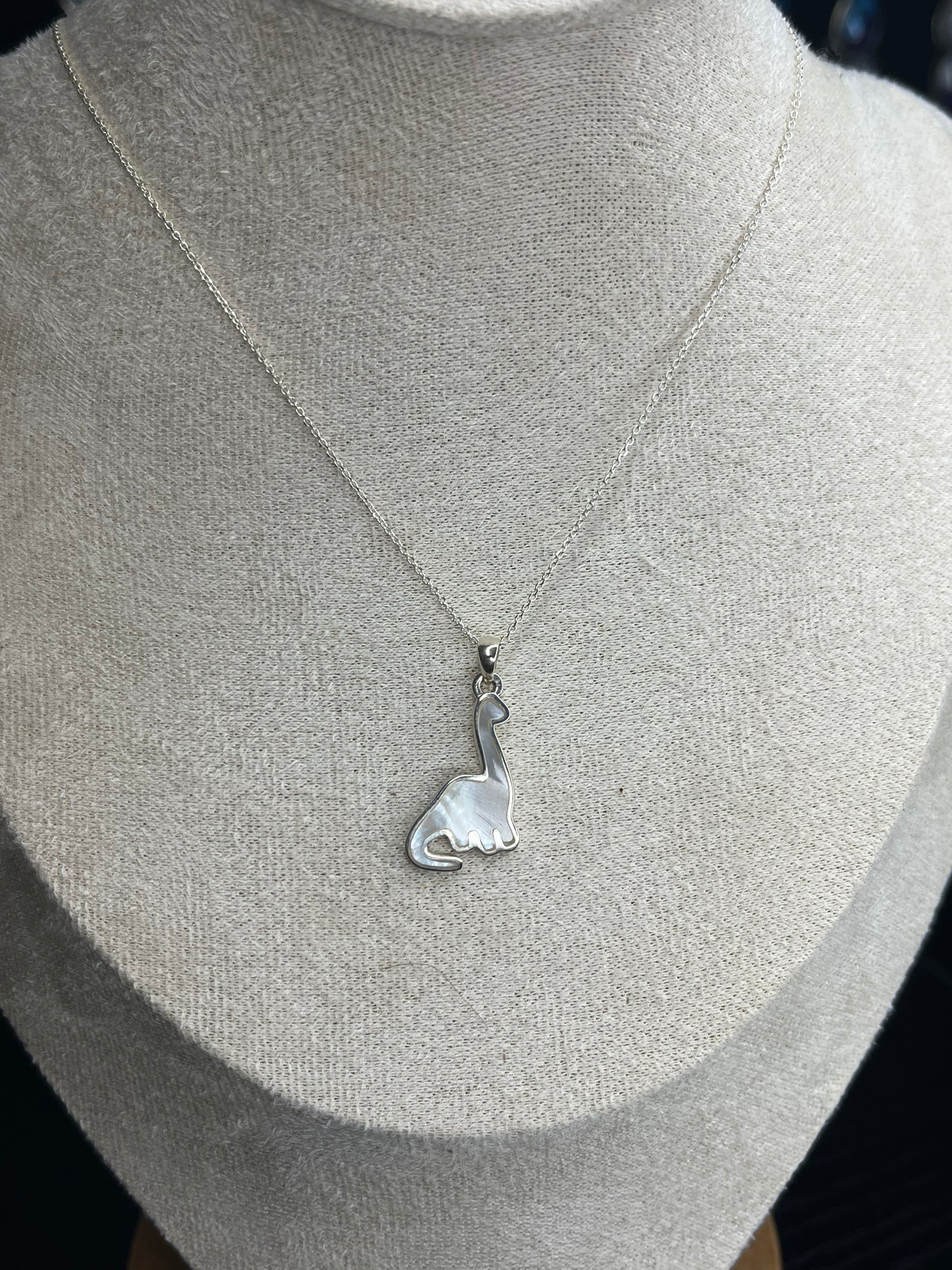 Mother of Pearl Sterling Silver Dinosaur Necklace