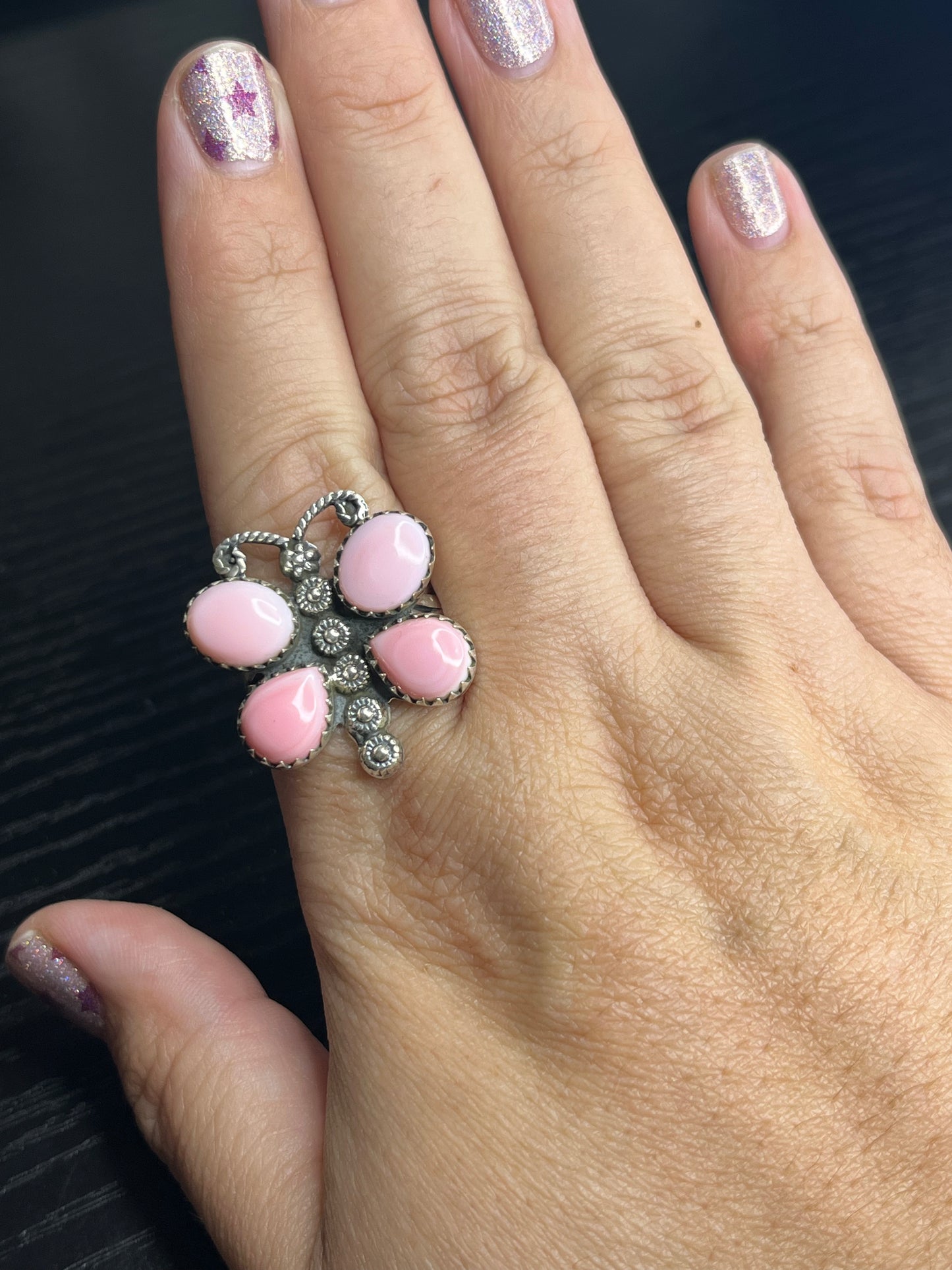 Pink Conch Butterfly Sterling Silver Ring - size 10