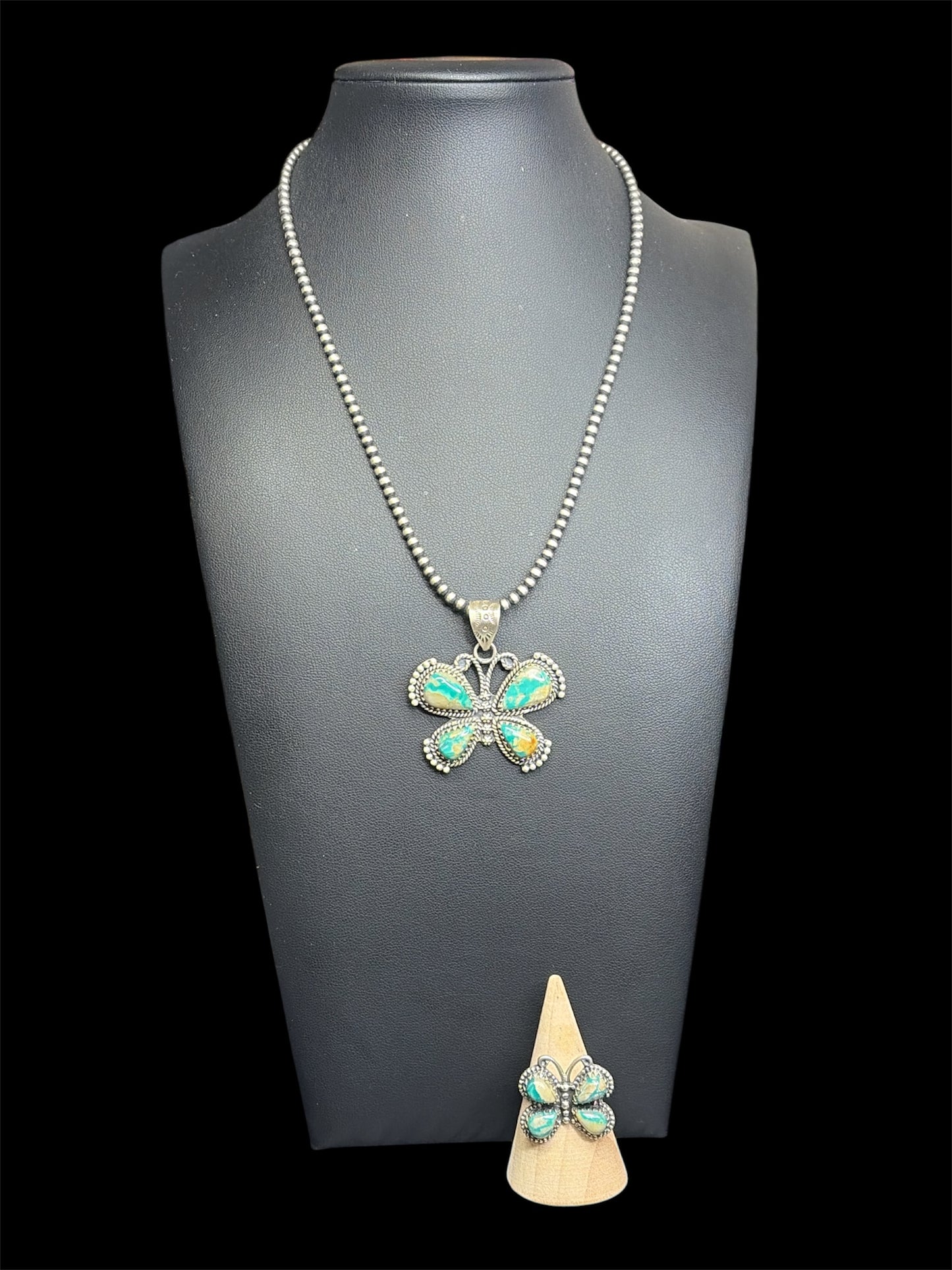 Handcrafted Fox Turquoise Butterfly Set - Pendant & Adjustable Ring