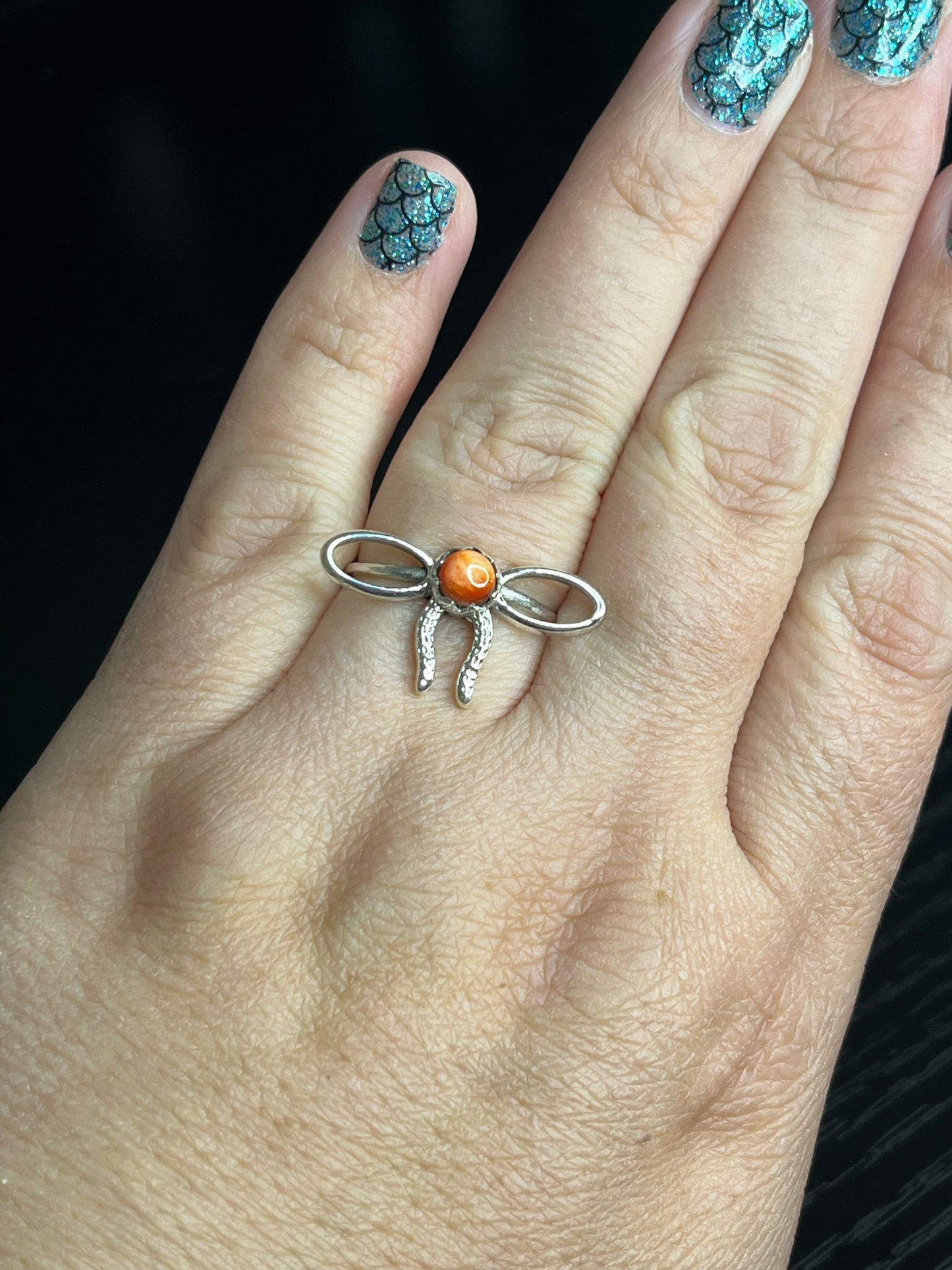 Orange Spiny Bow Sterling Silver Ring - size 9