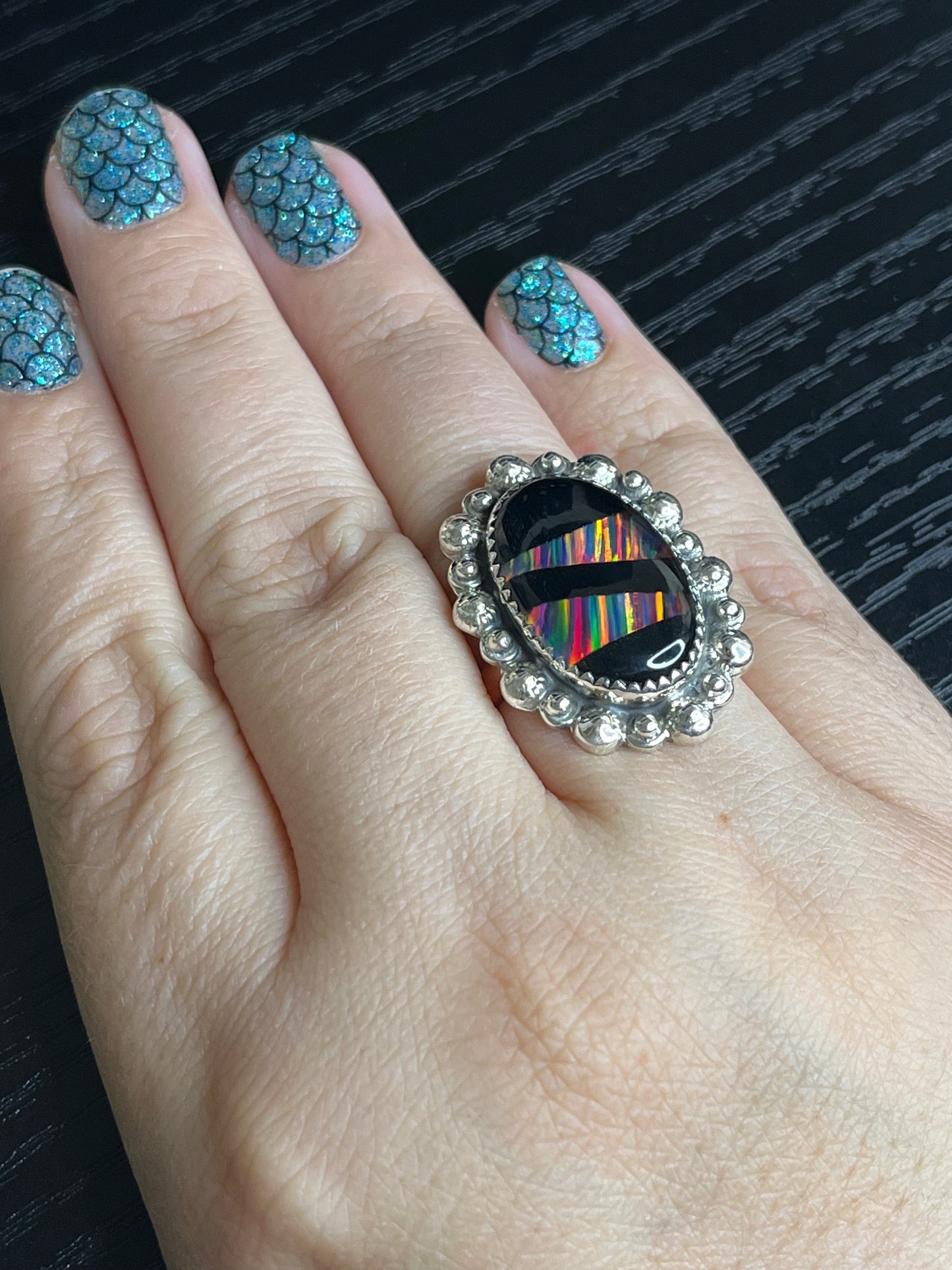 Aurora Opal & Onyx Ring - Adjustable