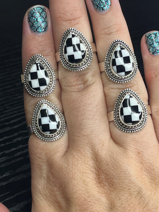 Black Onyx Checker Sterling Silver Rings