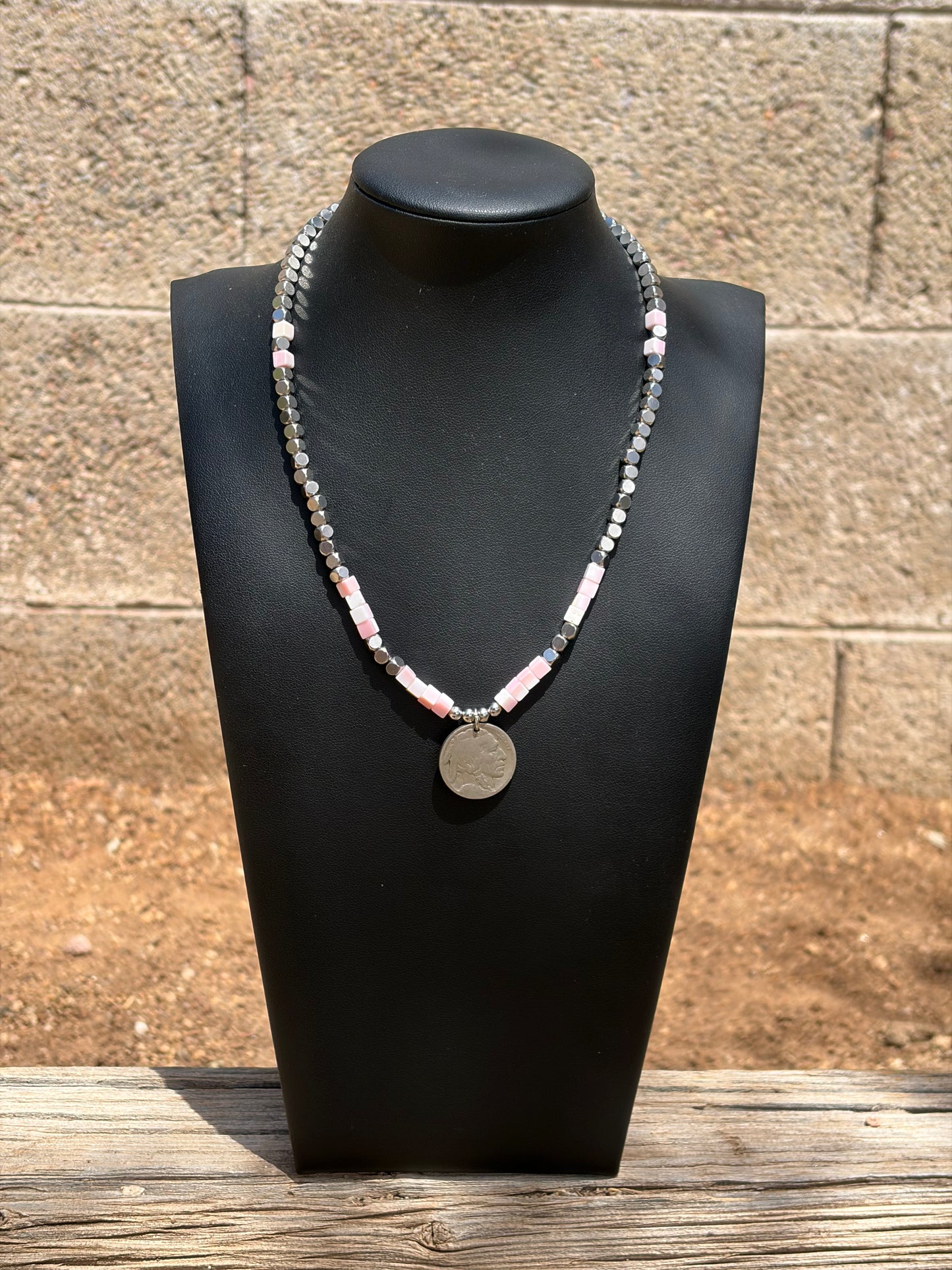 Cubic Pink Conch & Buffalo Nickel Necklace