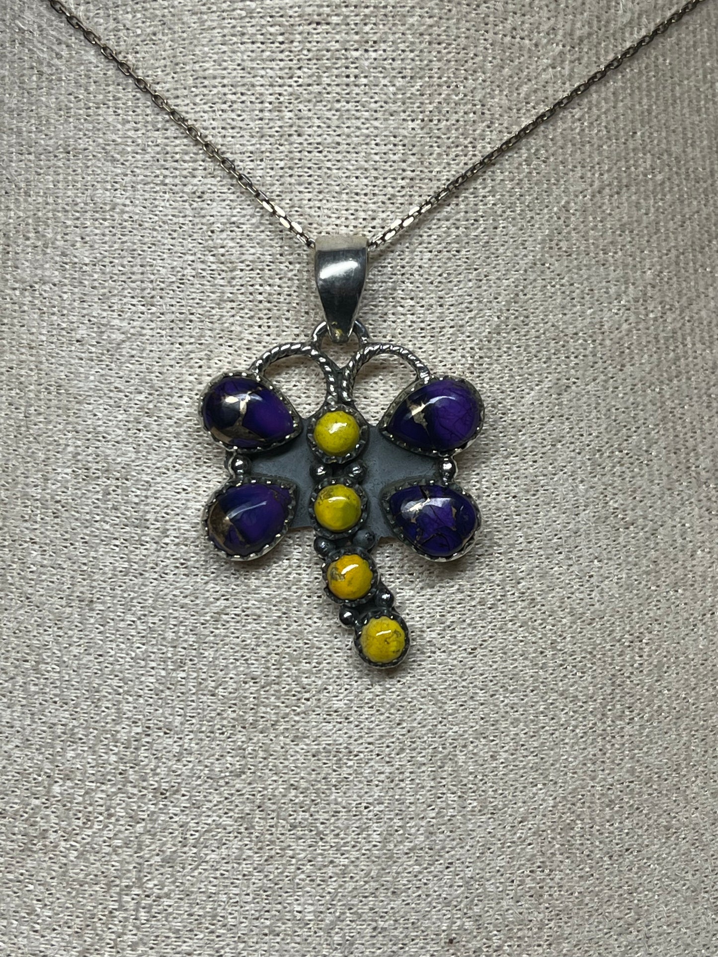 Purple & Yellow Mojave Turquoise Dragonfly Pendant