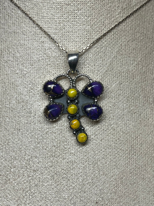Purple & Yellow Mojave Turquoise Dragonfly Pendant