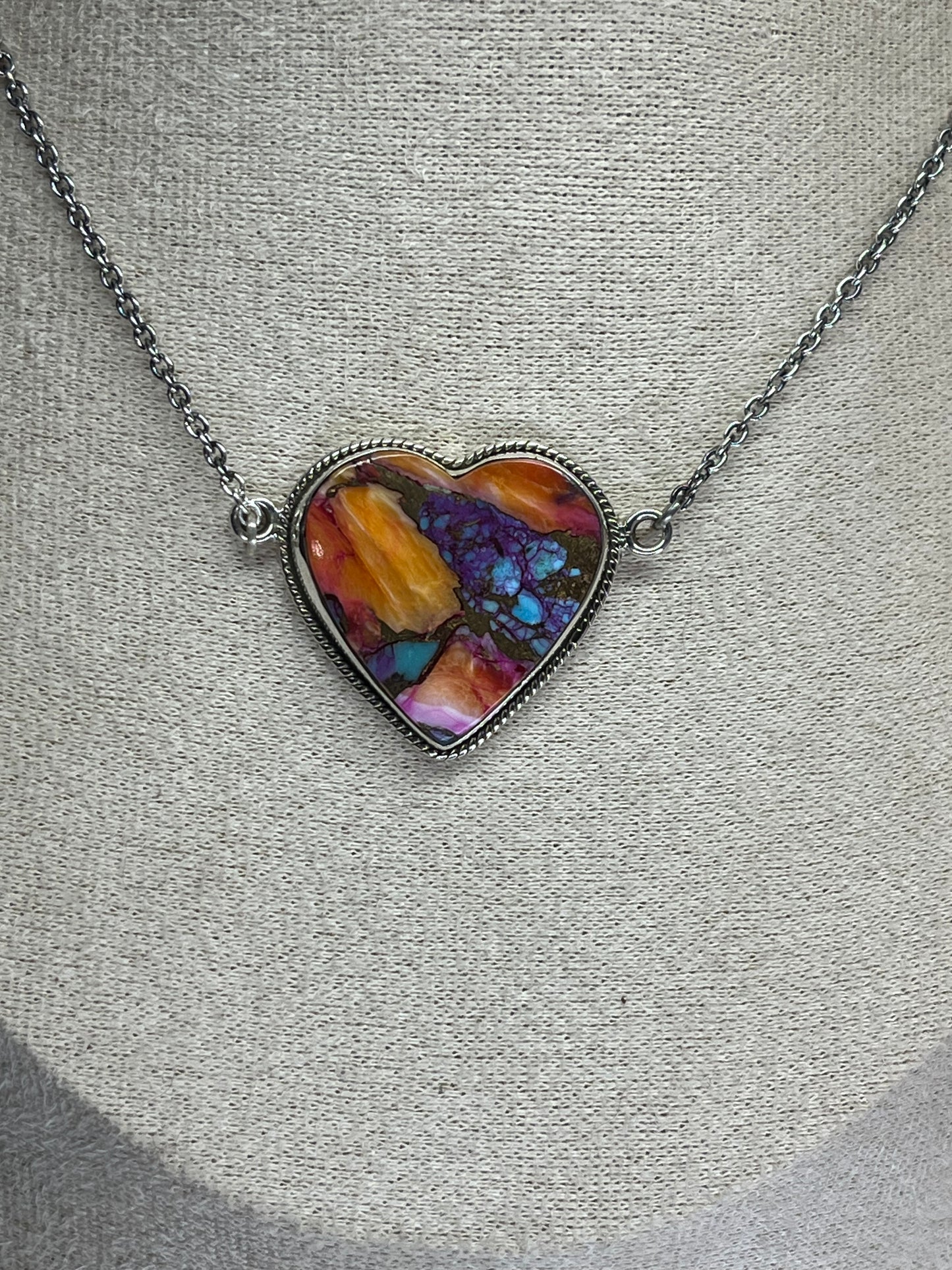 Pink Dahlia & Spiny Oyster Heart Necklace