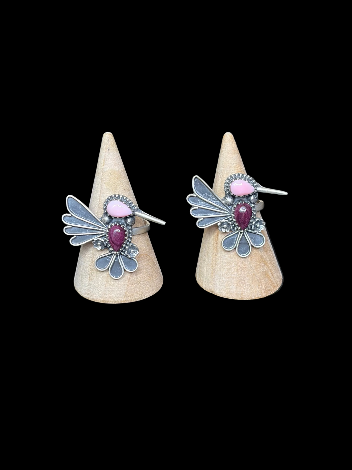 Handcrafted Purple Spiny & Pink Conch Hummingbird Rings - adjustable