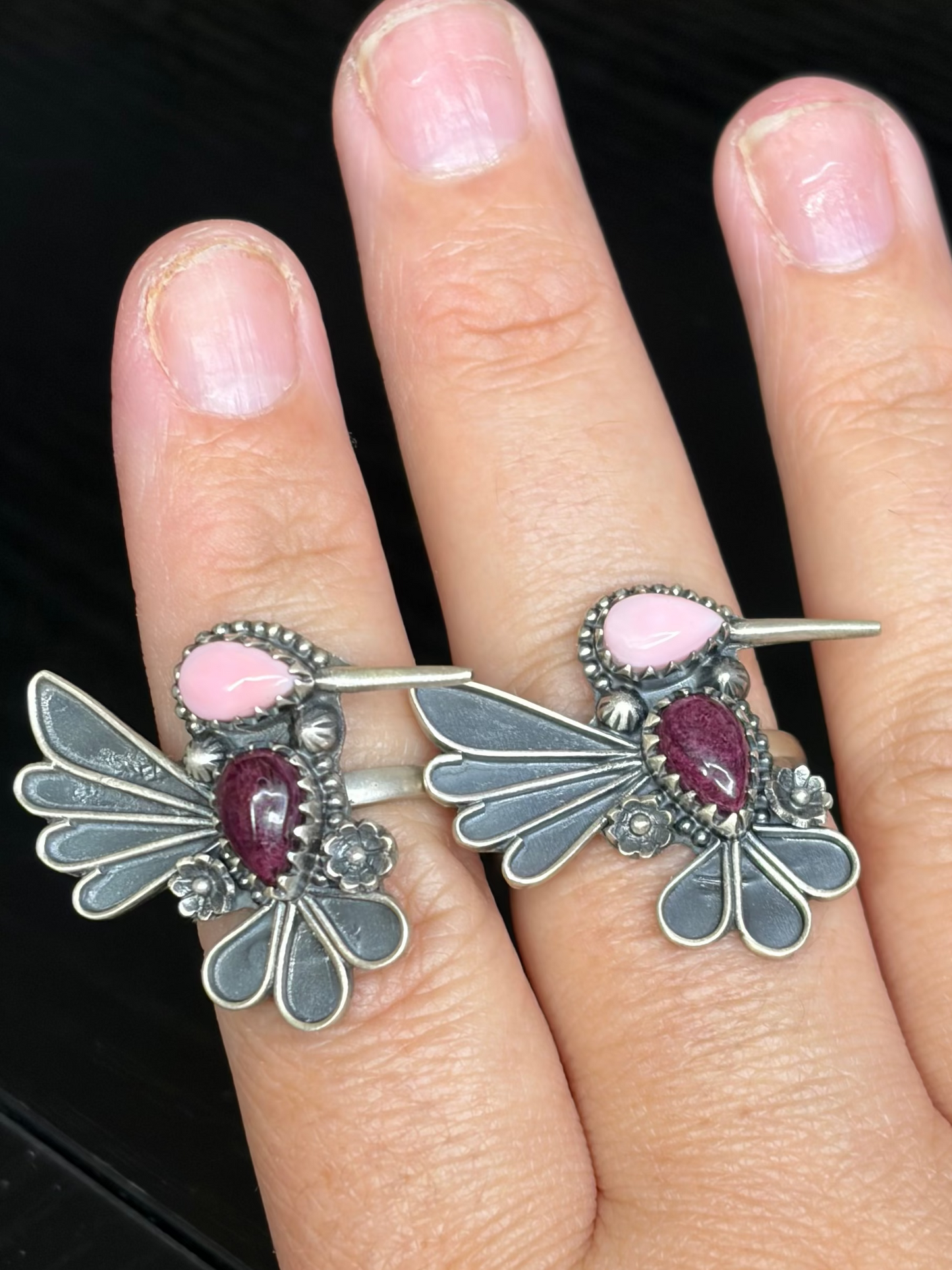 Handcrafted Purple Spiny & Pink Conch Hummingbird Rings - adjustable