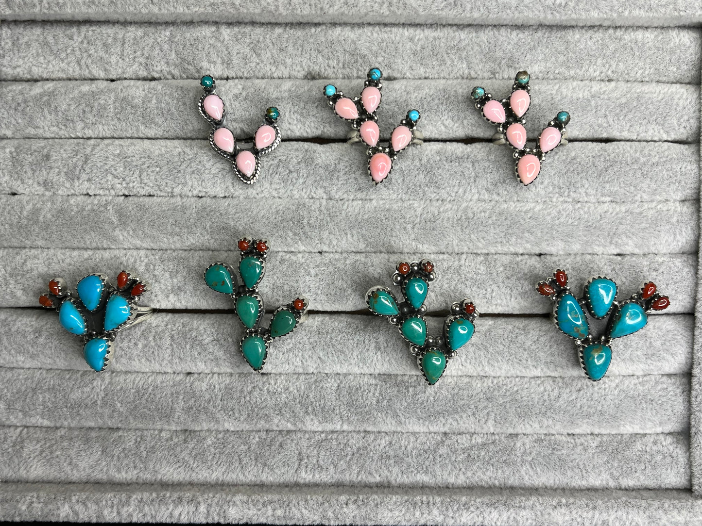 Kingman Turquoise, Coral, Pink Queen Conch Sterling Silver Cactus Rings