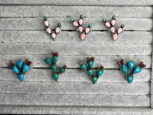 Kingman Turquoise, Coral, Pink Queen Conch Sterling Silver Cactus Rings