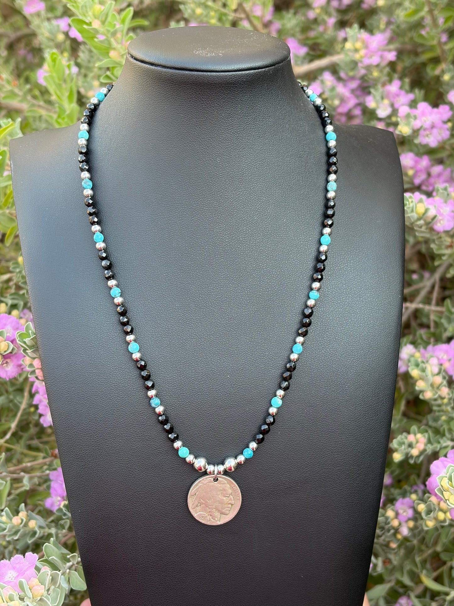 Black Onyx & Kingman Turquoise Buffalo Nickel Necklace