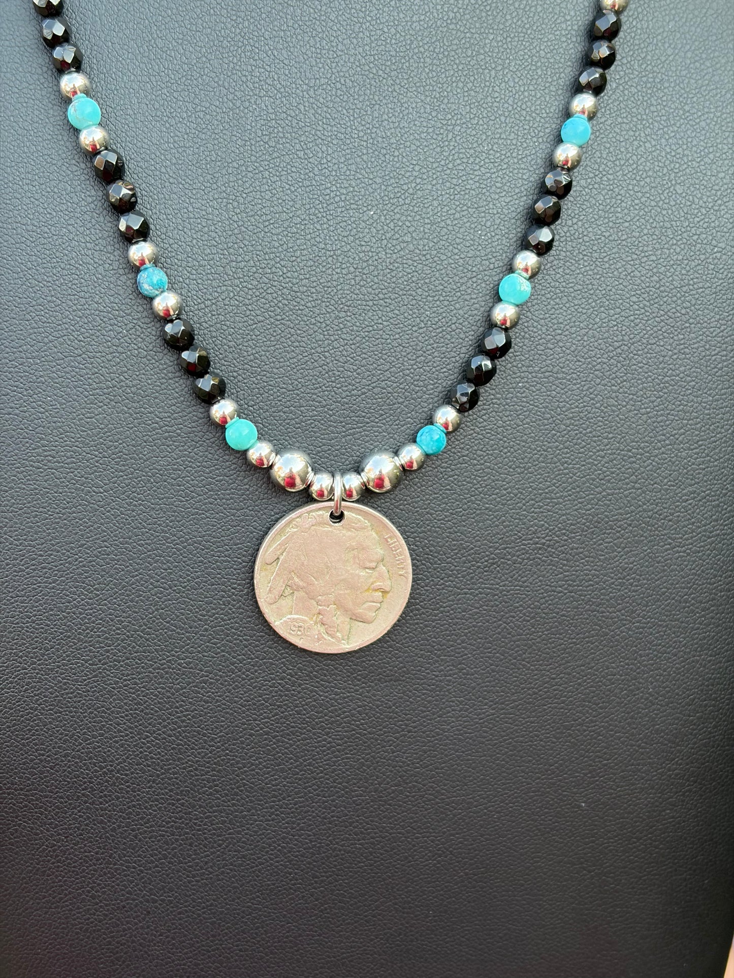 Black Onyx & Kingman Turquoise Buffalo Nickel Necklace