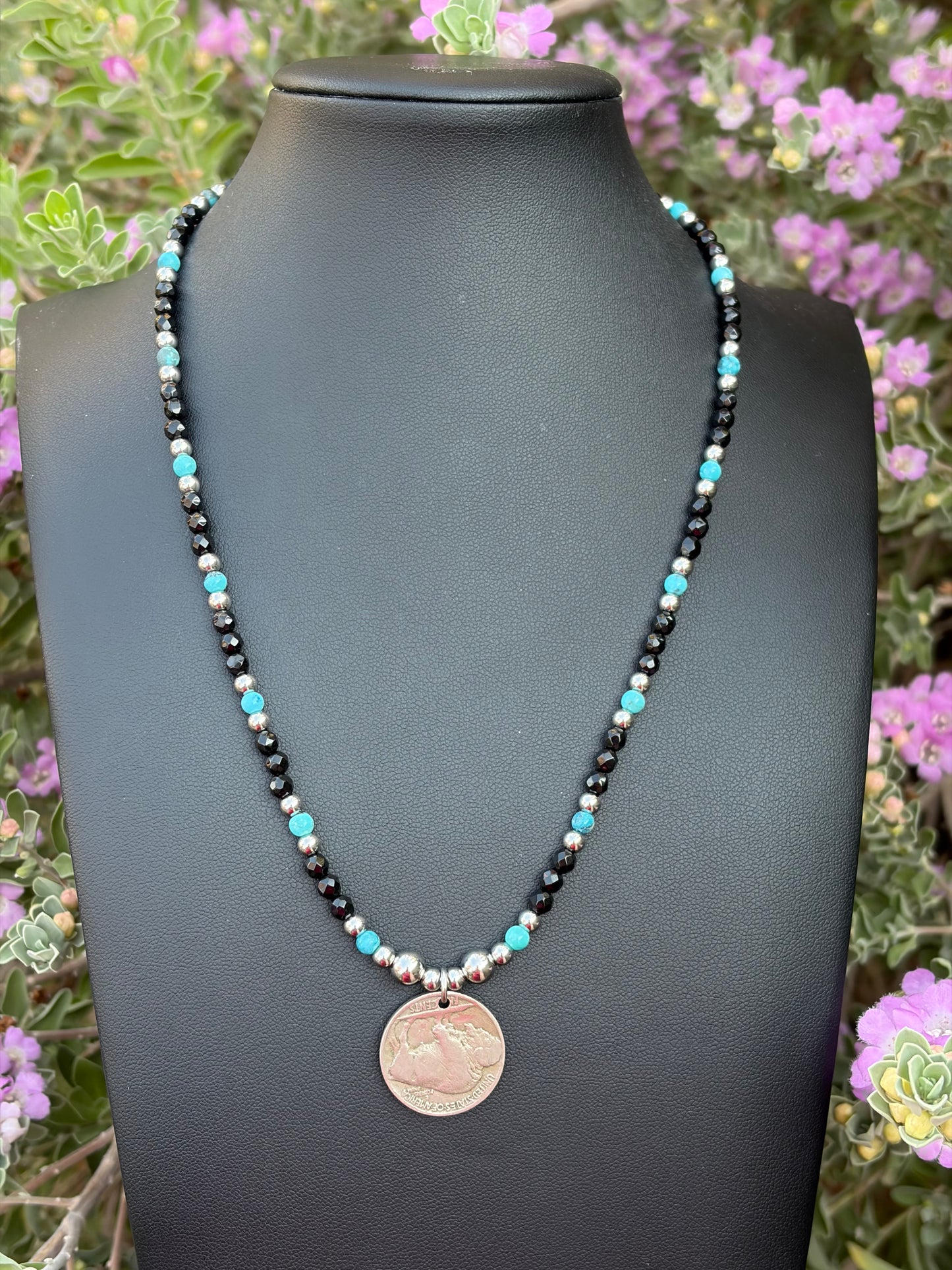 Black Onyx & Kingman Turquoise Buffalo Nickel Necklace