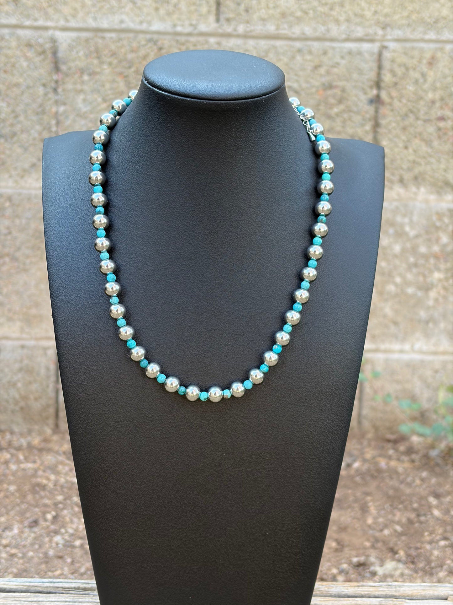 Desert Steel & Kingman Turquoise Graduated Necklace (8mm & 4mm)