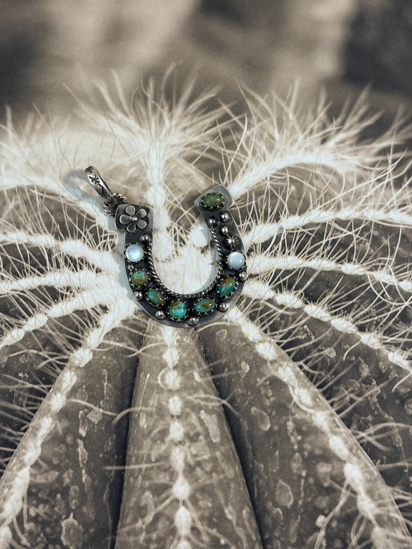 Handcrafted Kingman Turquoise & Mother of Pearl Horseshoe Pendant