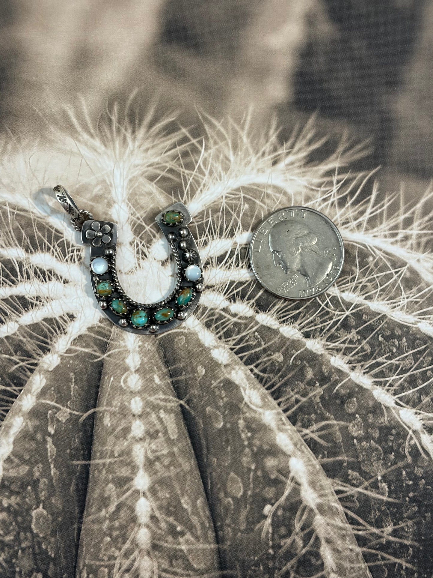 Handcrafted Kingman Turquoise & Mother of Pearl Horseshoe Pendant