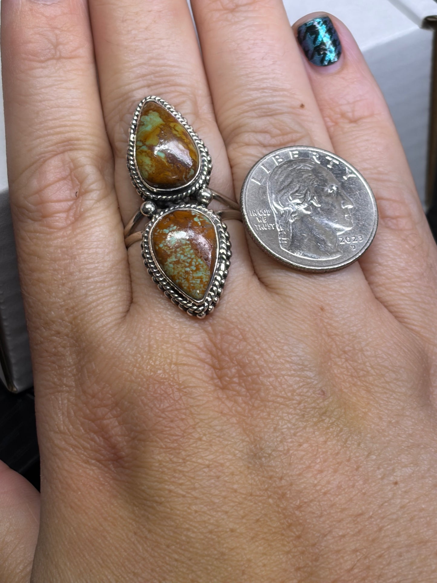 Double Kingman Turquoise Statement Ring - size 11