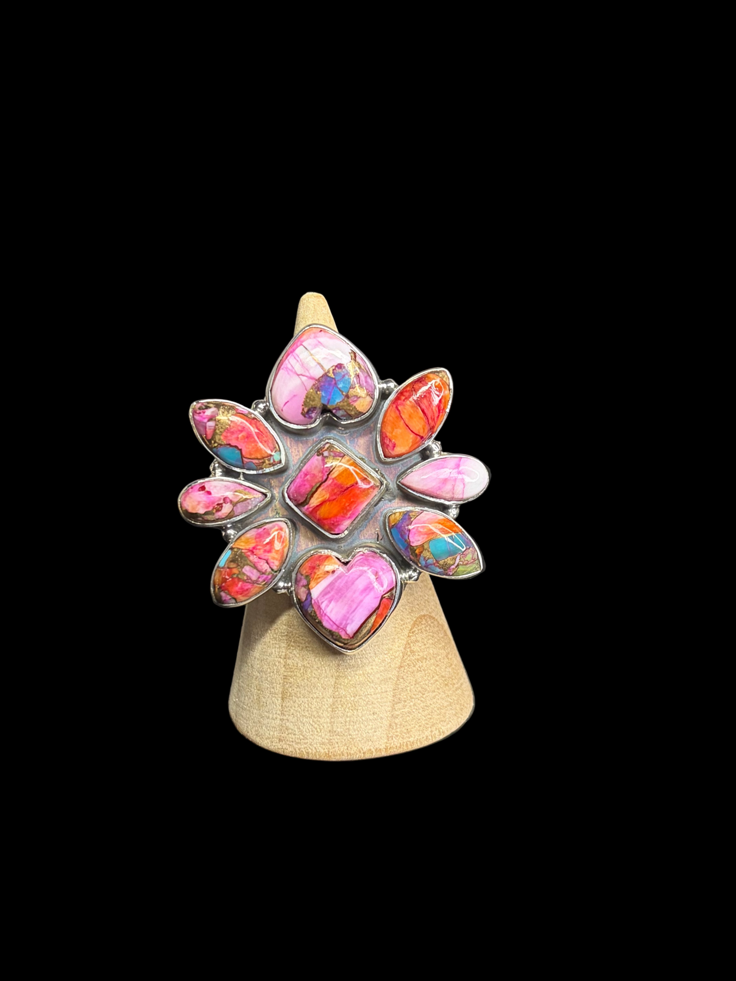 Pink Dahlia Heart Cluster Rings - Adjustable