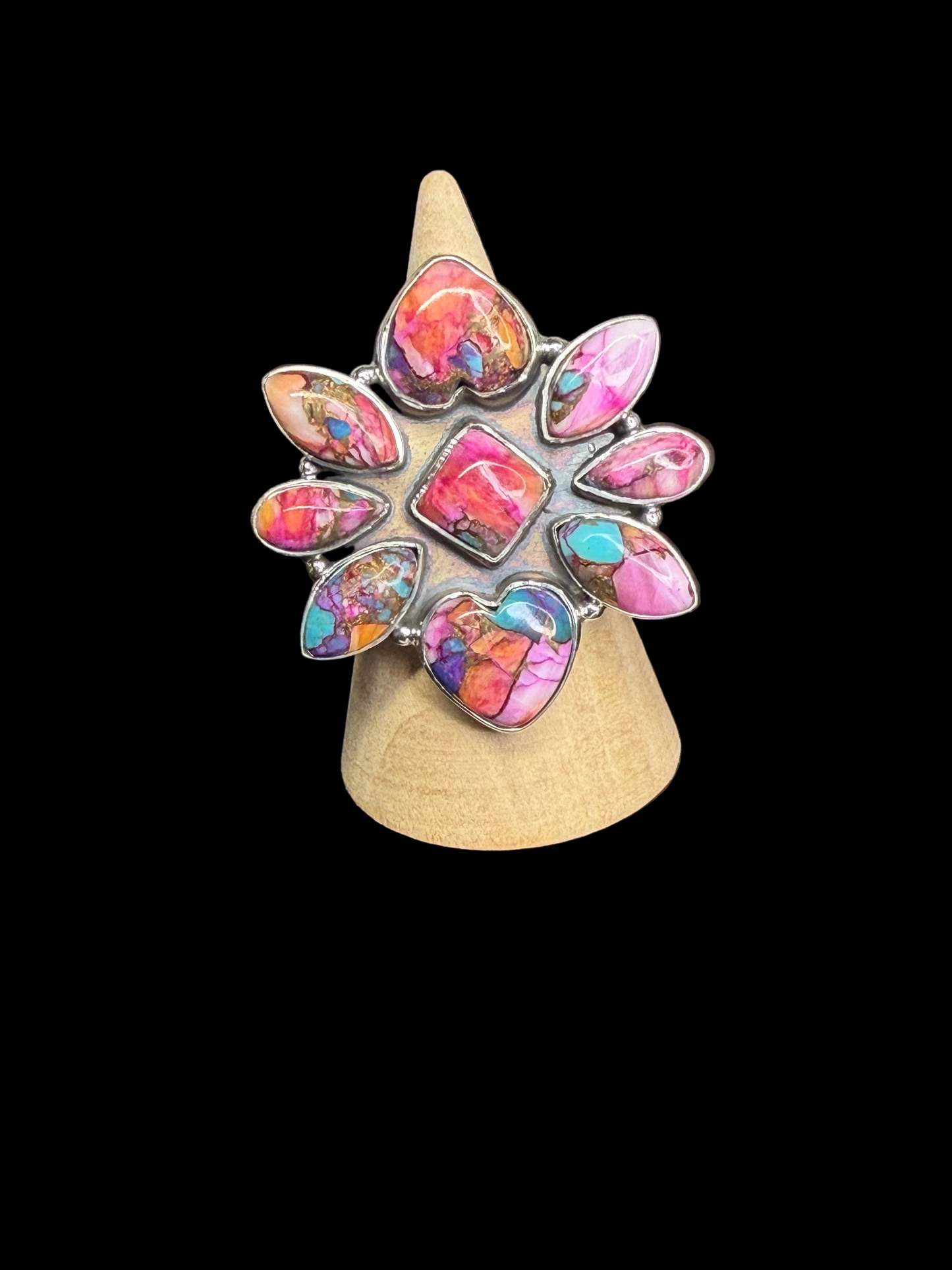 Pink Dahlia Heart Cluster Rings - Adjustable