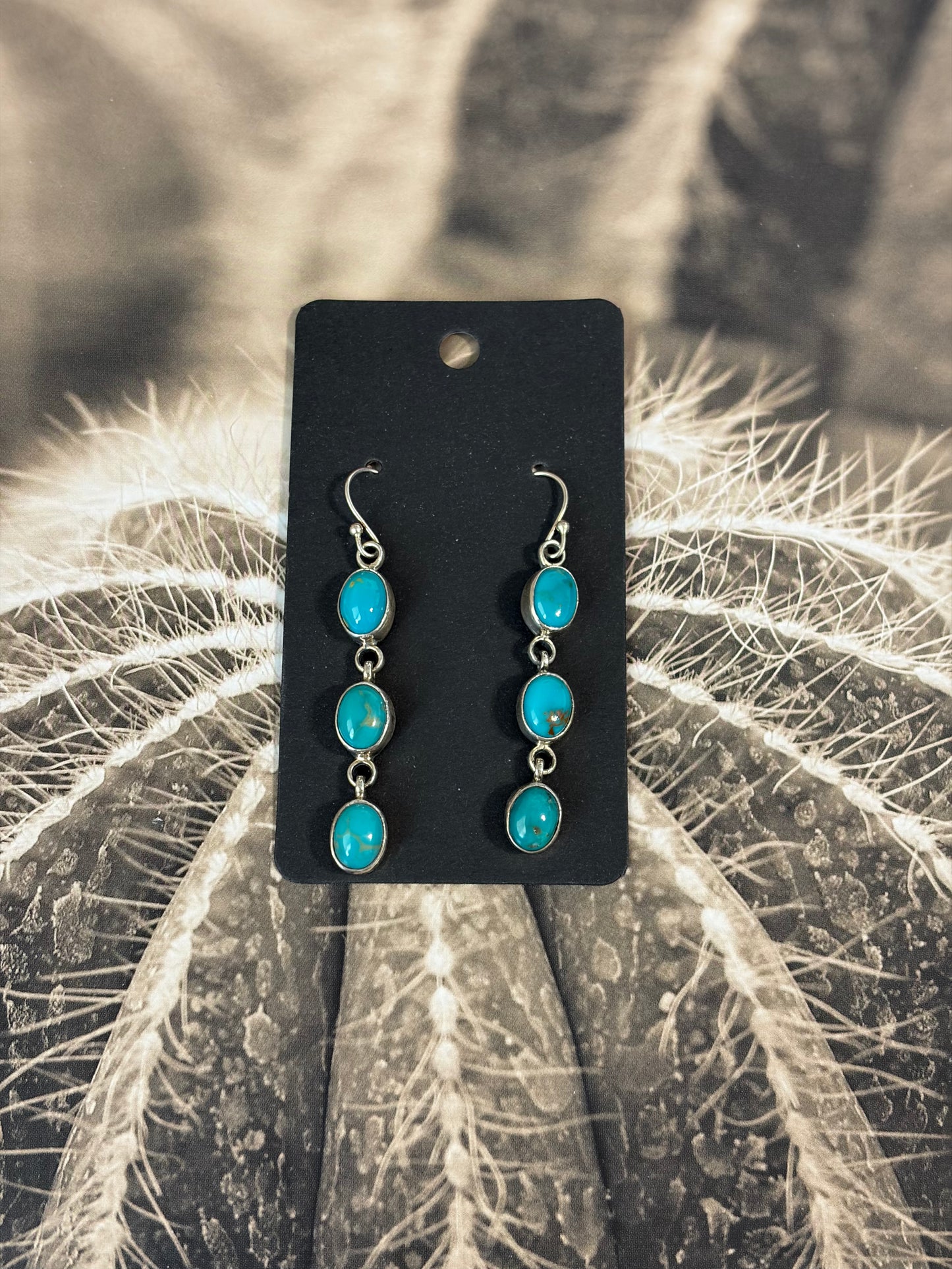 Handcrafted Kingman Turquoise 3-Stone Drop Dangle Earrings