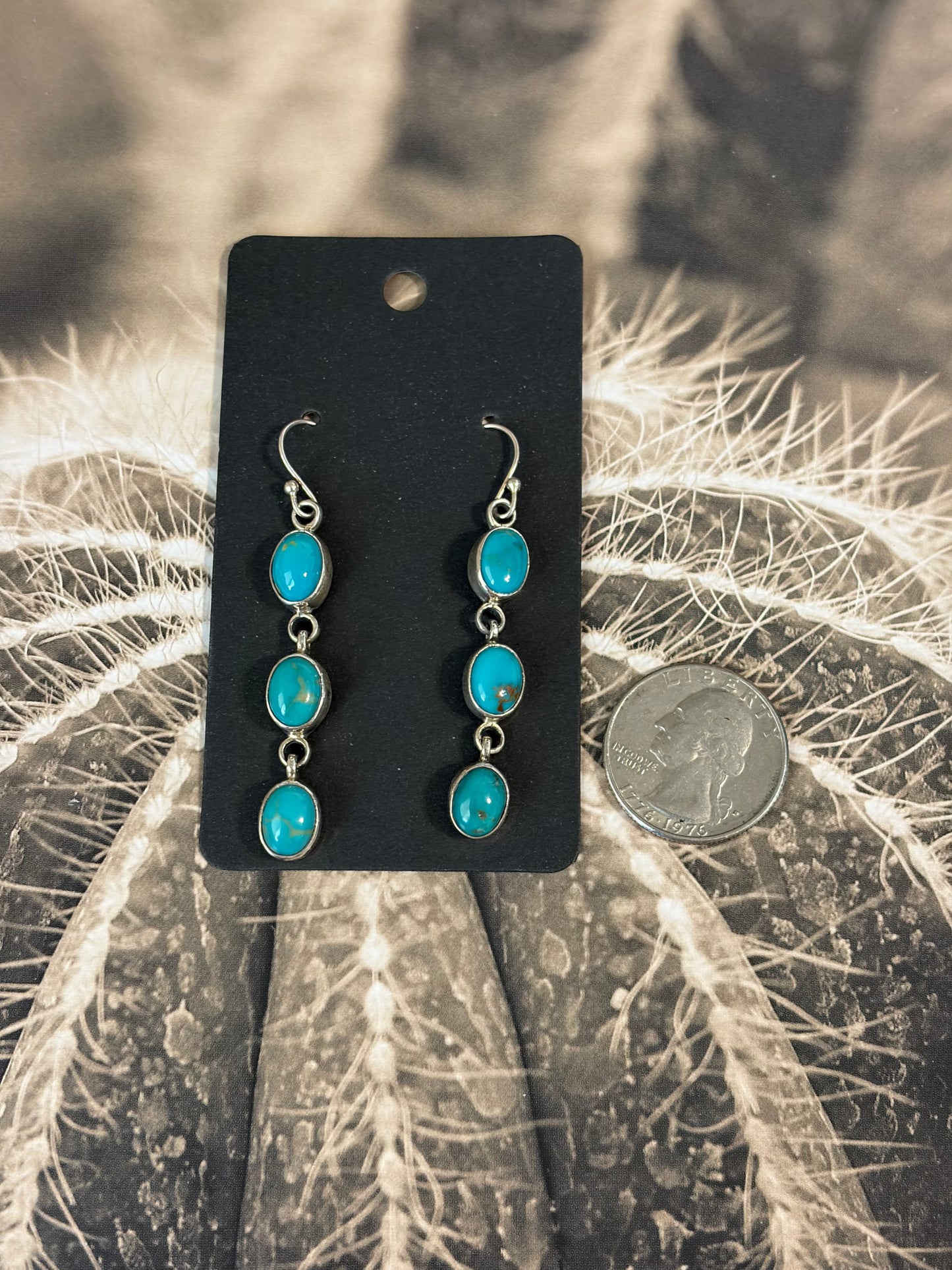 Handcrafted Kingman Turquoise 3-Stone Drop Dangle Earrings