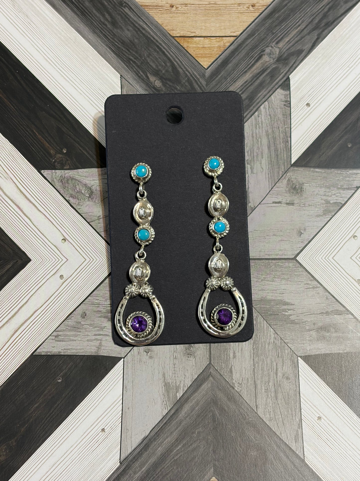 Native American - Running Bear - Turquoise & Amethyst Cowgirl Drop Earrings