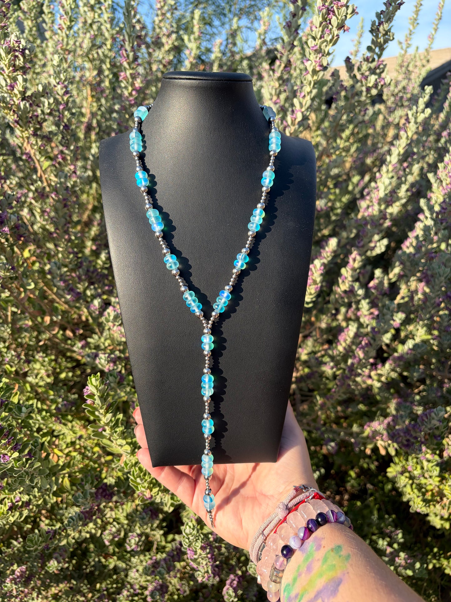 The Mermaid Glass & Desert Steel Lariat Necklace