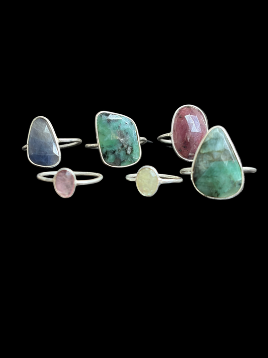 Natural Stone Sterling Silver Flat Stacker Rings