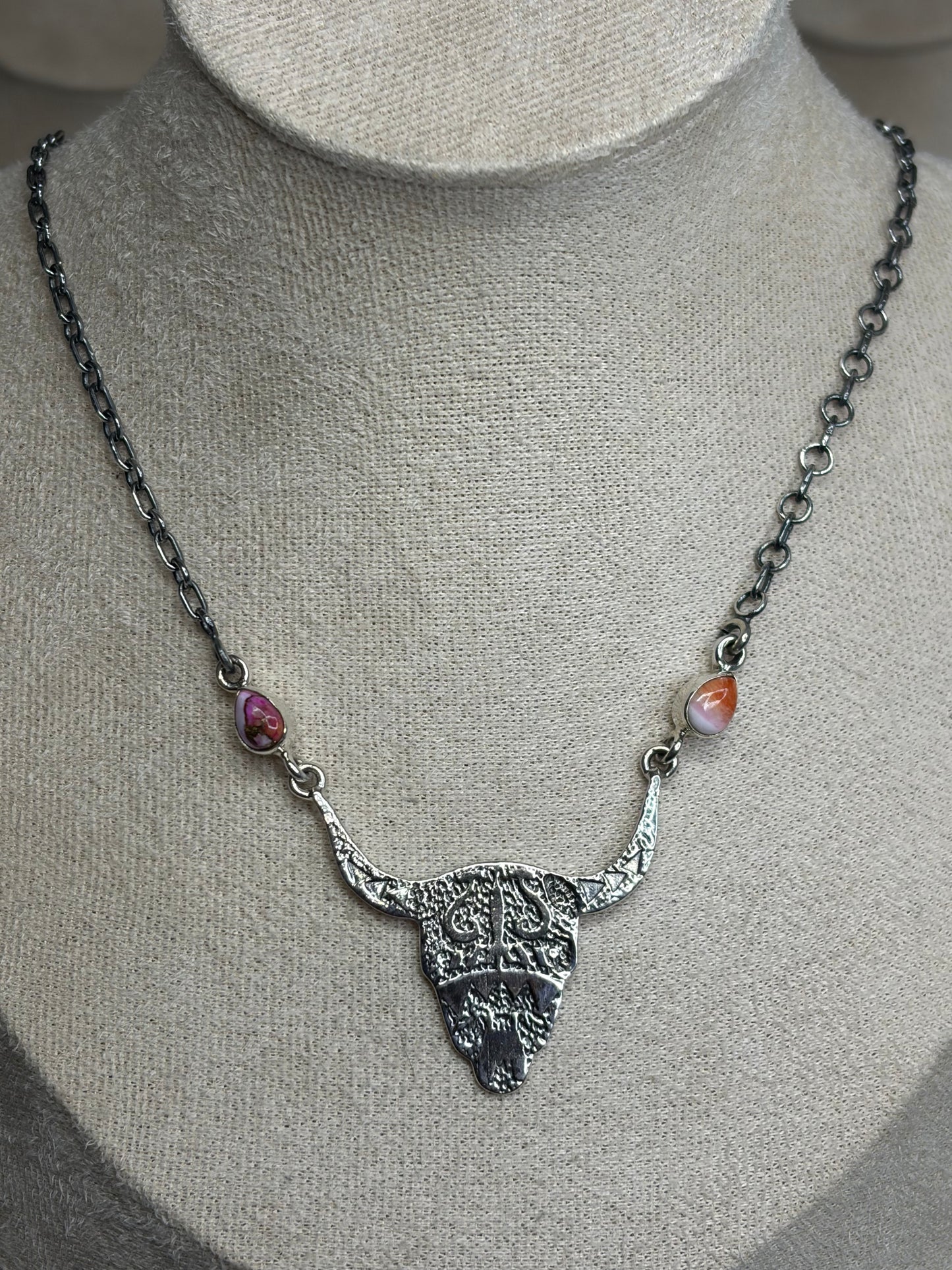 Pink Dahlia Steer Head Necklace