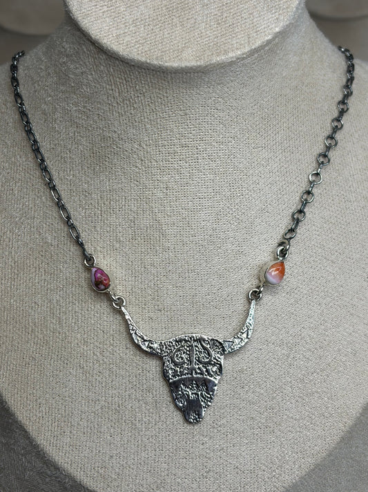 Pink Dahlia Steer Head Necklace